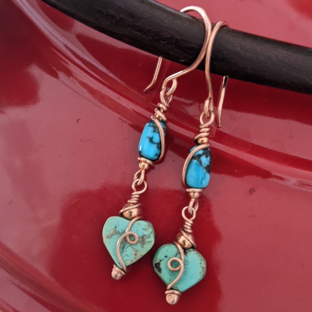 Authentic Turquoise Heart Earrings Copper Wire Wrap Dangle Drop - Picture 8 of 8